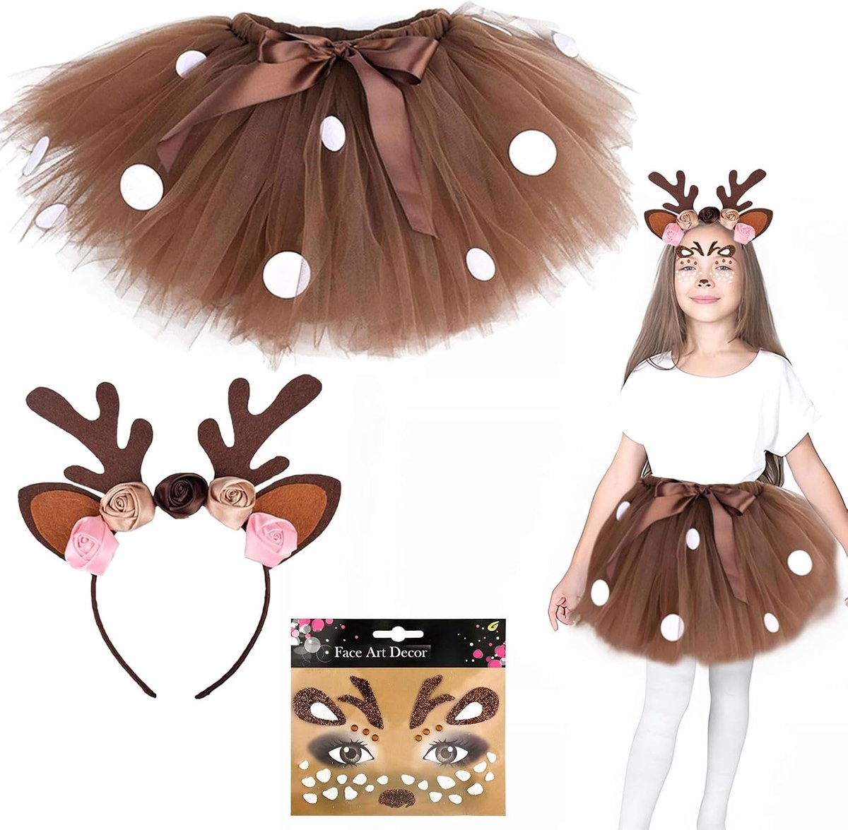 Rendierkostuum, luipaarddierkostuum, tutu, rok, haarband met oren, gezichtskunststickers, kostuumaccessoires voor Halloween, carnaval, verjaardag, cosplay, kerstfeest