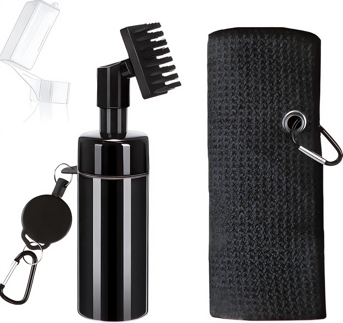 Golf schoonmaakset, waterborstel met spray en microvezel handdoek | Voor clubblad na nat gras of zand; waterreservoir van circa 150 ml en uittrekbaar koord tot circa 76 cm