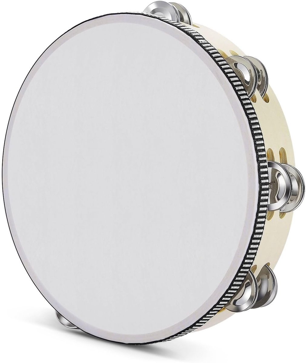 Houten handgehouden Tamboerijn voor volwassenen 10-Inch dubbele rij 8-paar jingles (hout) - percussie ronde tamboerijnen muziekinstrument met metalen bellen
