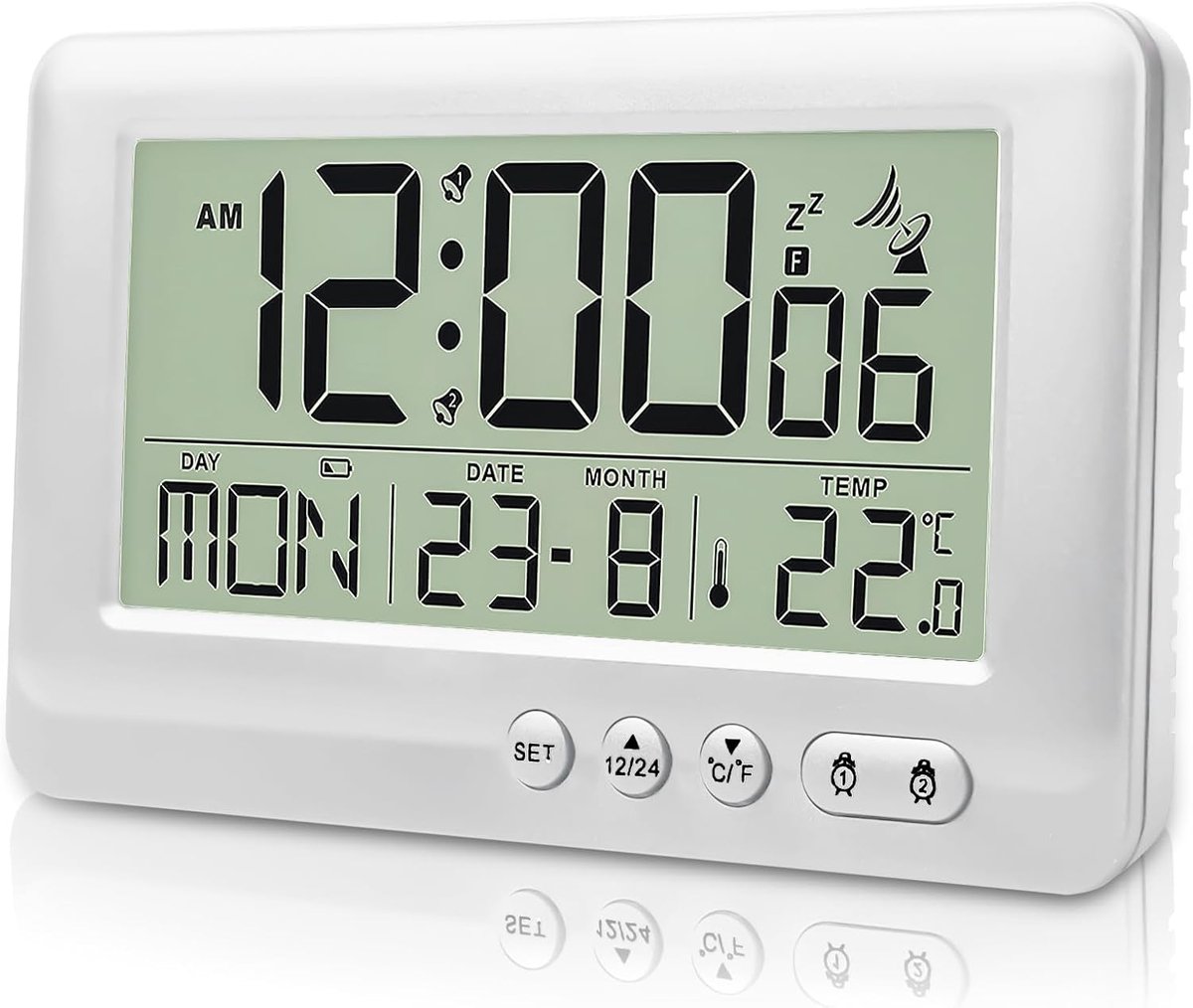 Wekkerradio met thermometer, digitale wekker met temperatuur, wekker met twee wektijden, sluimerfunctie, achtergrondverlichting, datum, weekdag, zonder batterij