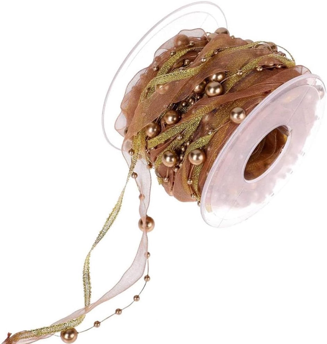 10 m parelslinger, met organza, 8 + 3 mm parelband, cadeaulint, trendyband, decoratief lint, hangdecoratie, tafeldecoratie, decoratieketting voor bruiloft, Kerstmis, doop, verjaardagscadeau, goud