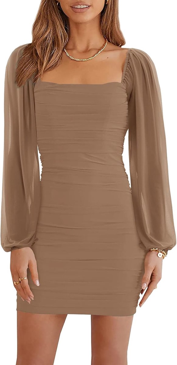 Mini-jurk voor dames, mesh, lange mouwen, vierkante hals, ruches, party, club, cocktail, bodycon