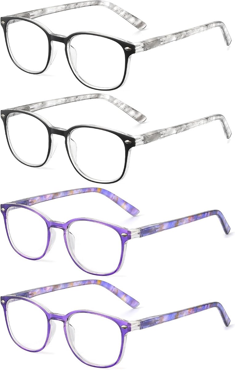 Leesbril Set van 4 Kwaliteit Veerscharnier Lezers Heren Dames Brillen om te Lezen +4.0 2 Stuks Grijs en 2 Stuks Blauw