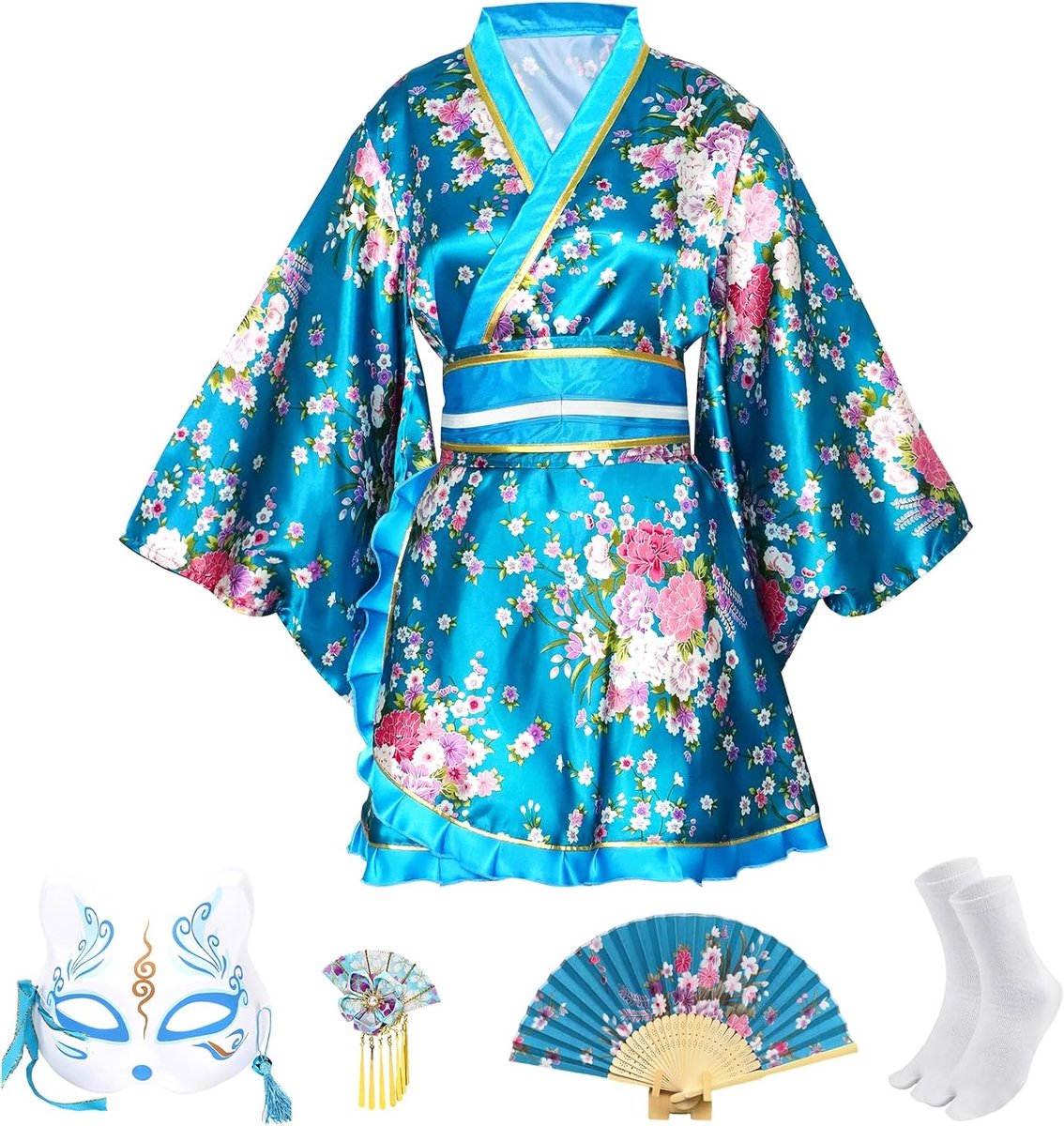5-delige korte kimono voor dames, traditionele Japanse kimono, Sakura-print, Geisha Yukata badjas, kostuumset cosplay met accessoires