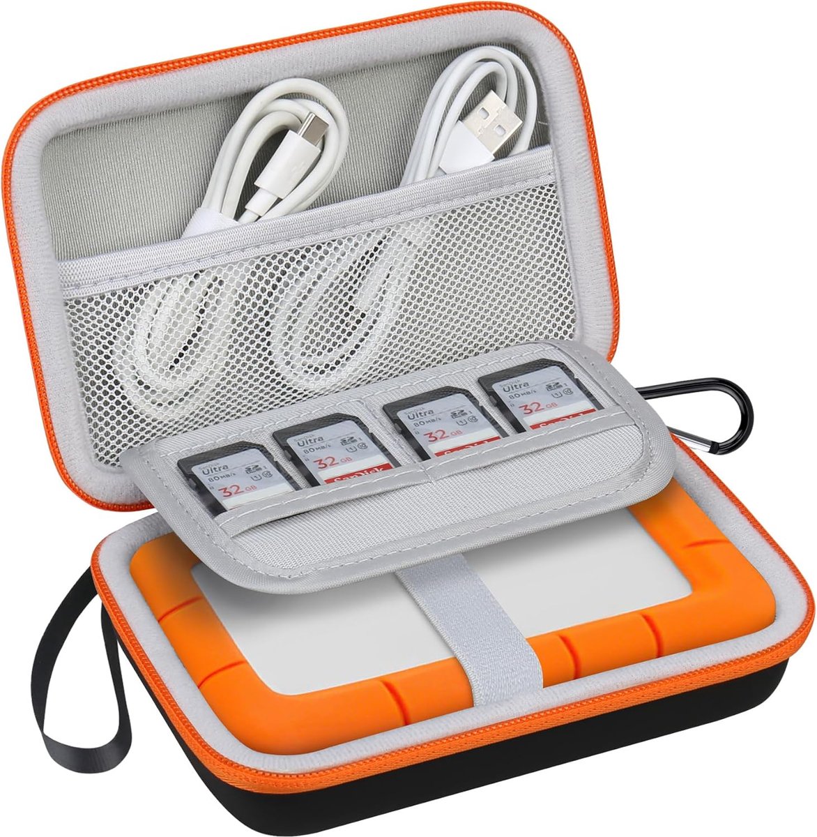 Externe Beschermhoes Harddrivetasse Harde Schijf Tas voor LaCie Rugged Mini/Rugged Thunderbolt USB 3.0 2.0 USB-C Externe Solid State Schijf EVA Schokbestendige Reistas, Zwart+Oranje