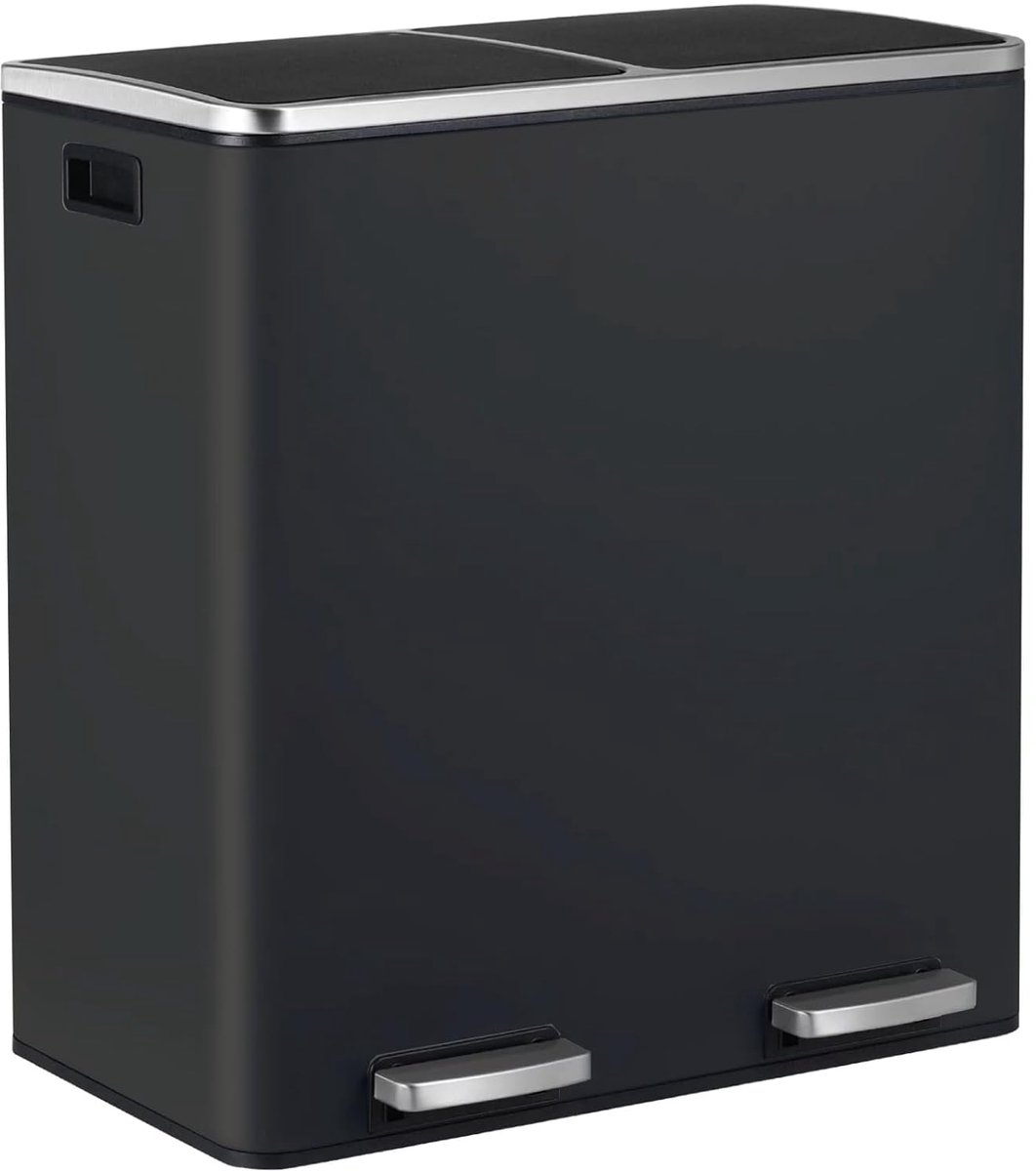 60 liter, Vuilnisemmer 2 vakken, 2x30 L, Pedaalemmer van Metaal, Groot keukenafvalemmer met Deksel, softclose, kunststof binnenemmer, Afvalscheidingssysteem Recyclingcontainers, Zwart