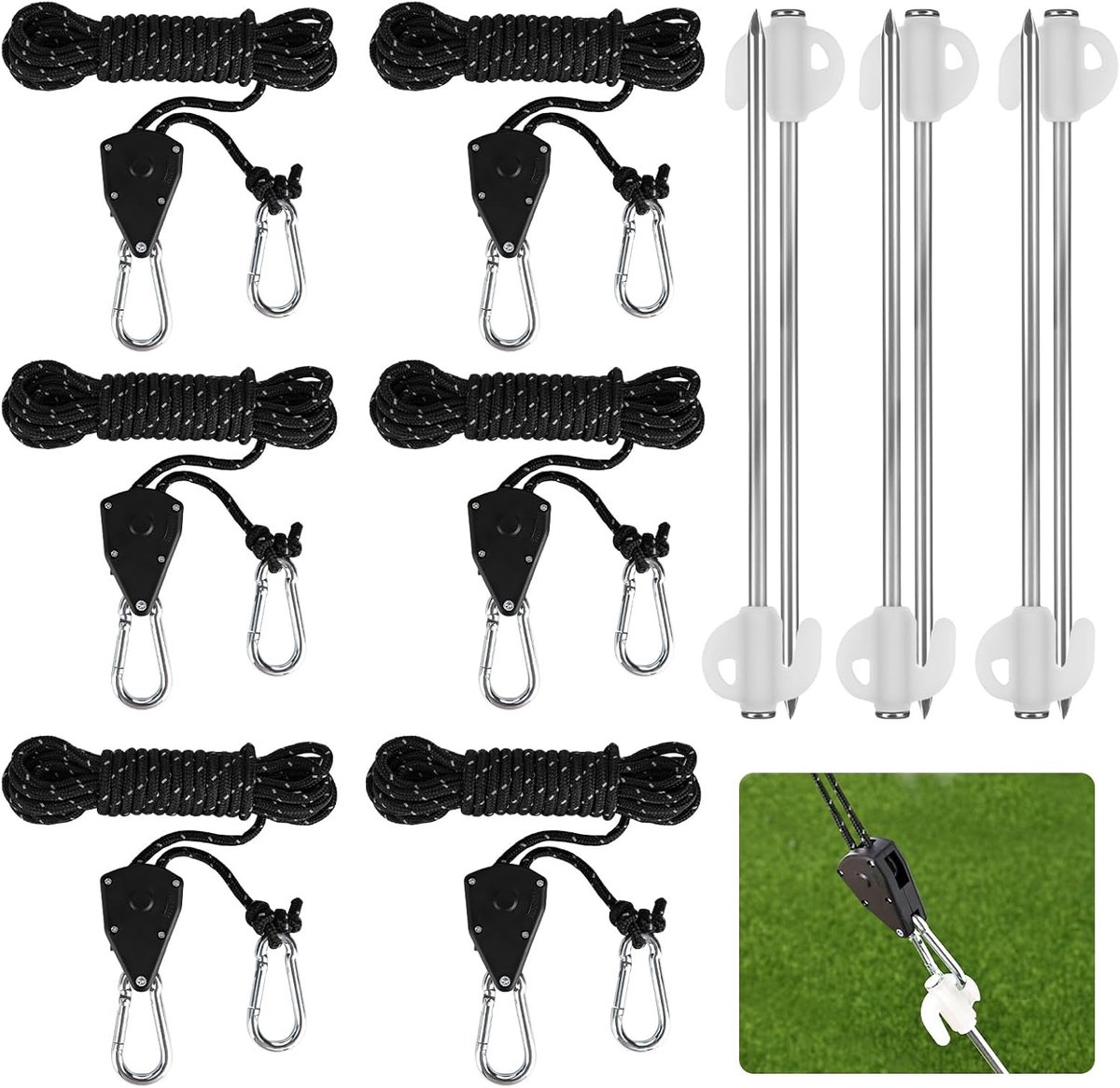 Rope ratchet hangers 4mm - verstelbare kabelspanner - 6 stuks met lichtgevende spijkers - ideaal voor tenten - ShopVlot