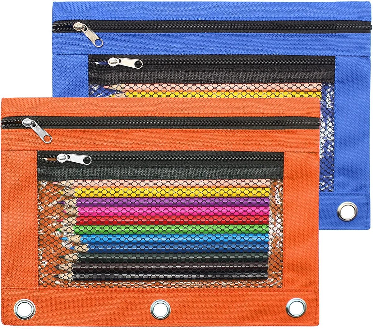 Pencil pouch 25x18cm - canvas met 2 compartimenten - blauw en oranje - ideaal voor 3 ringmappen - ShopVlot