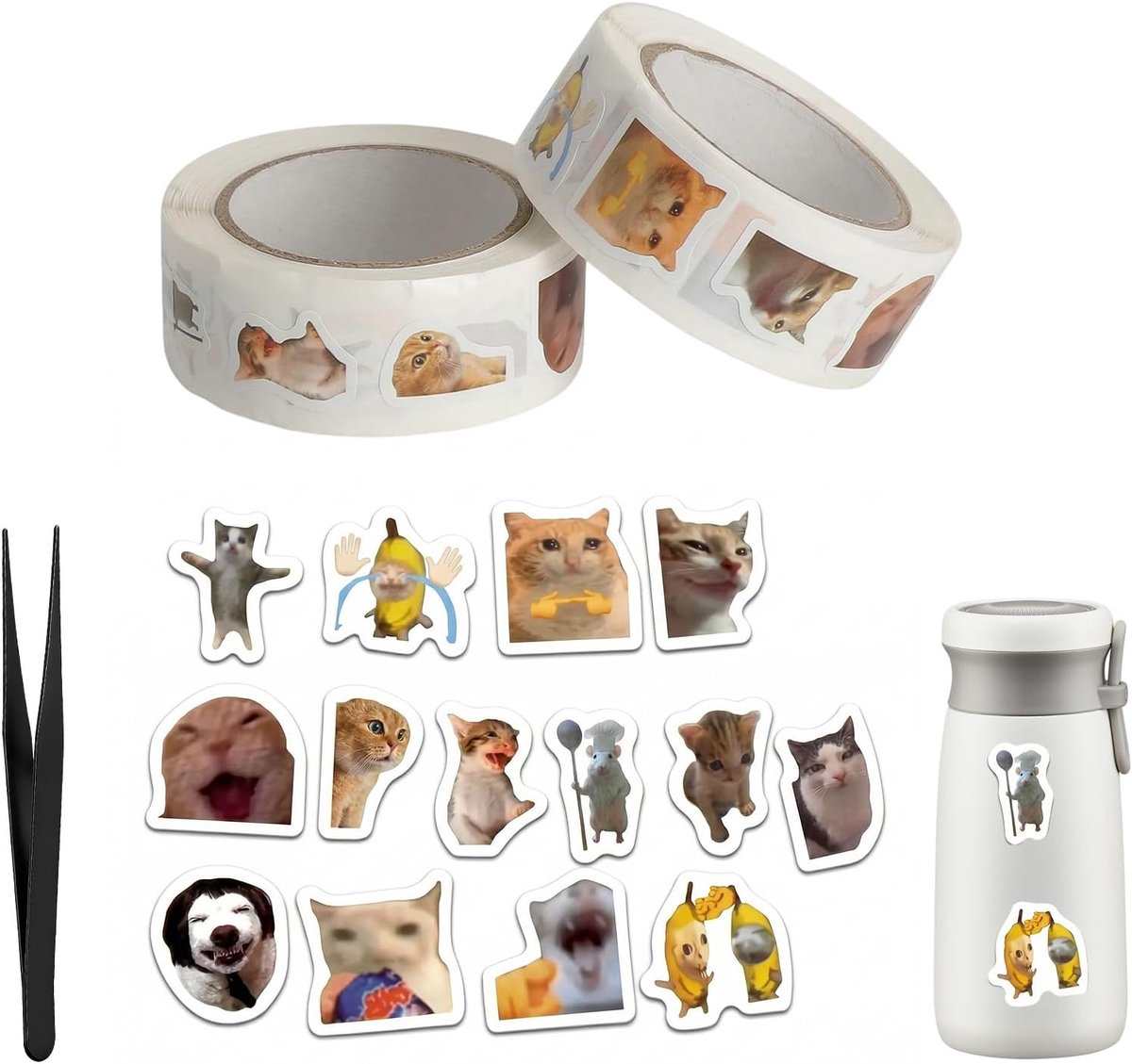 Kattenstickers rol 1000 stuks - meme en emoji - waterdicht pvc - decoratie voor laptop - SnelShoppen