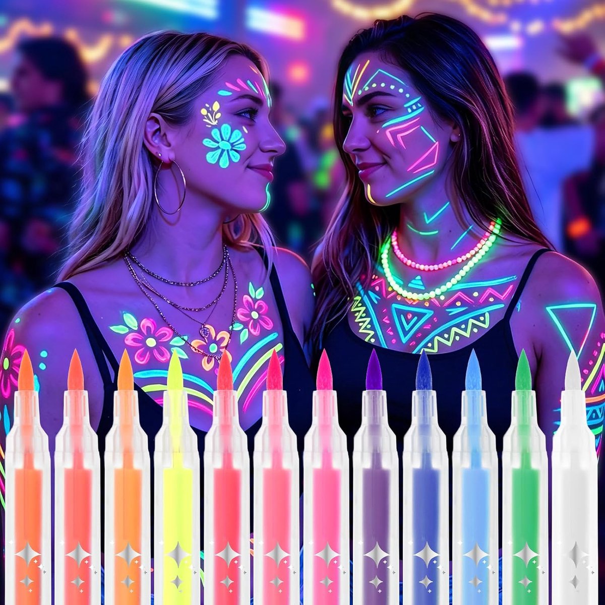 UV blacklight pen set - 12 kleuren fluorescent - wasbare neon pennen - ideaal voor Halloween - ShopVlot