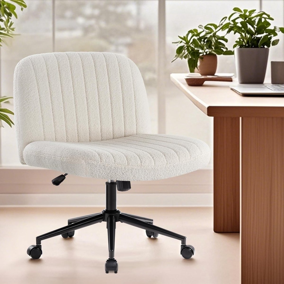 Criss Cross stoel met wielen, armloze brede zitting, kantoor, teddystof, bureau voor gekruist zitten, in hoogte verstelbare computer taakstoel, draaibare kaptafel voor slaapkamer, make-up, kleine