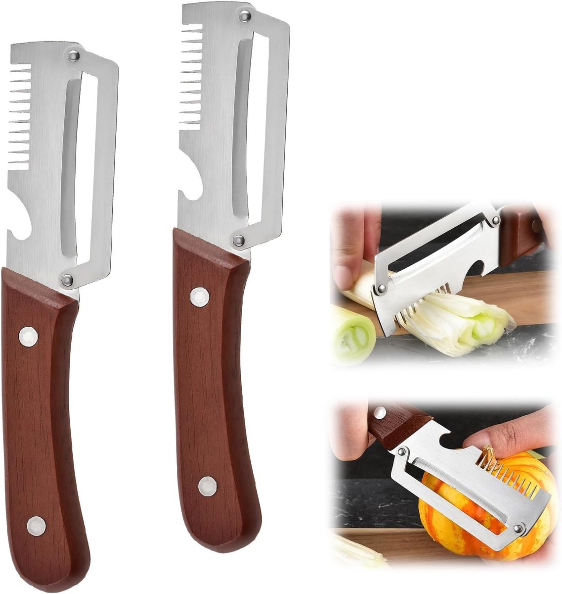2 stuks groenteschiller 3-in-1 van roestvrij staal met houten handvat, spaarschiller voor aardappelen, fruit en groenten, juliennedunschiller, flesopener, ergonomische aardappelschiller voor