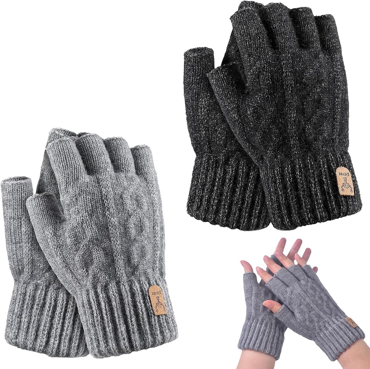 Handschoenen, gebreide winterhandschoenen voor buitenactiviteiten, donkergrijs en grijs, Donkergrijs, grijs, One Size