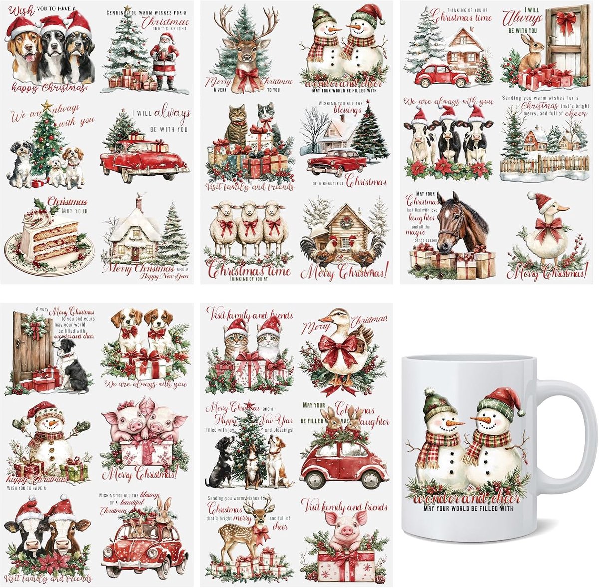 Rub On Transfer Sticker, 5 Vellen 30 Patronen Vintage Kerst de Redemptorist Kerk Rub on Transfer Decals voor Meubelambachten voor Hout Glas Canvas Stof Projecten