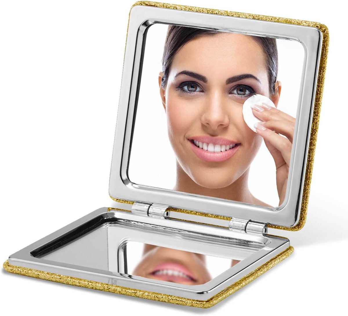 Compacte spiegel, klassiek PU-leer 1X/3X vergroting, tas ultra draagbaar voor portemonnees en reizen (goud)