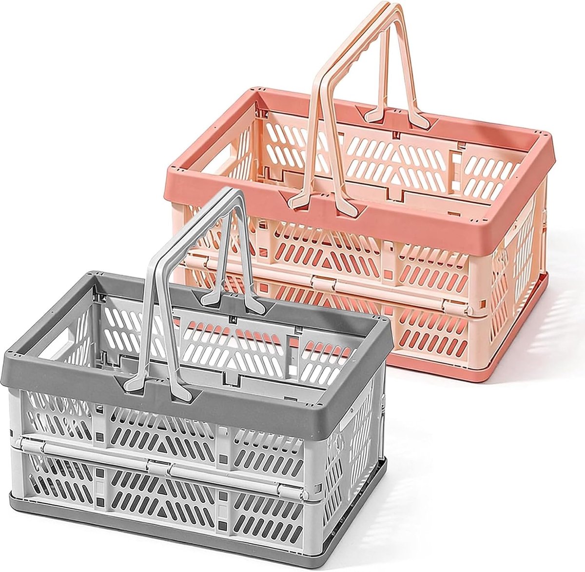 2 stuks kleine klapdozen, vouwbox opvouwbaar met handvat, stapelbaar en ruimtebesparend, opvouwbare opbergdoos voor keuken, badkamer, kantoor, slaapkamer en kledingkasten (roze + grijs, L-19L)