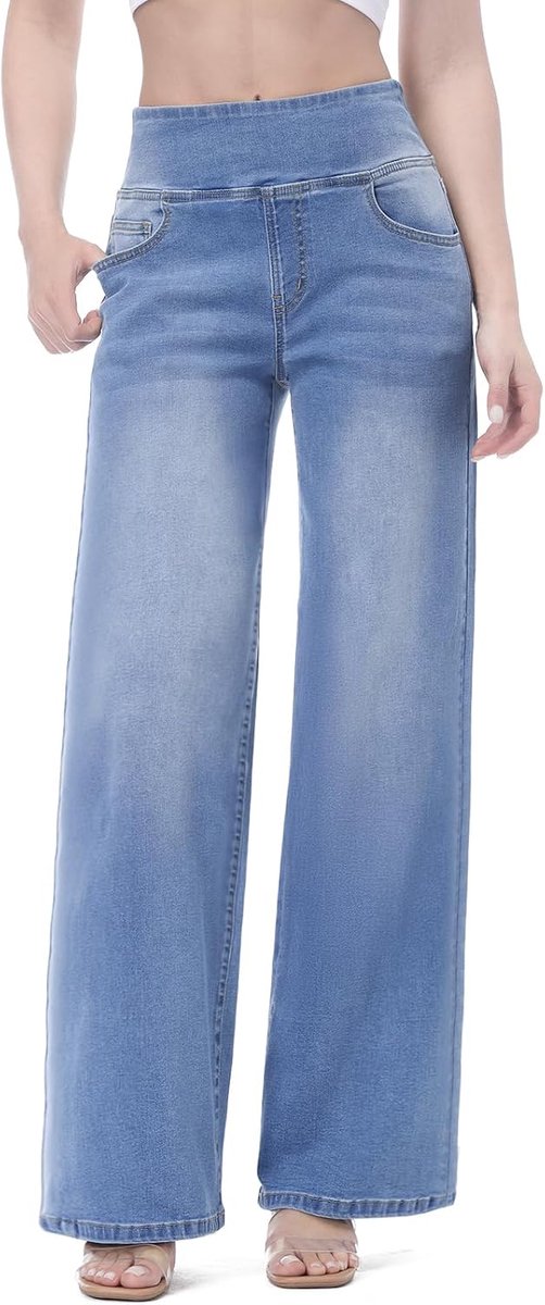 Jeans Dames - Hoge Taille Wide Leg Trekbroek met Rekbare Buikcontrole - Comfortabele Wijde Pijp Denim Broek voor Vrije Tijd en Kantoor