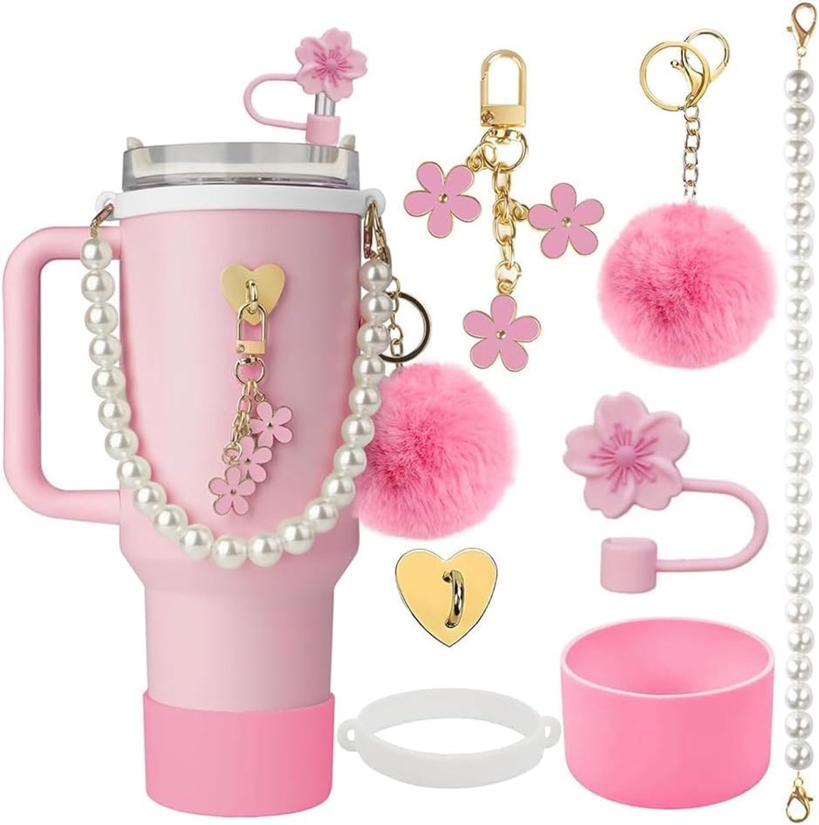 7 stuks bloemen parels drinkflessenketting set waterfles accessoires sleutelhanger drinkbeker decoratie flessenhouder draagriem, Siliconen