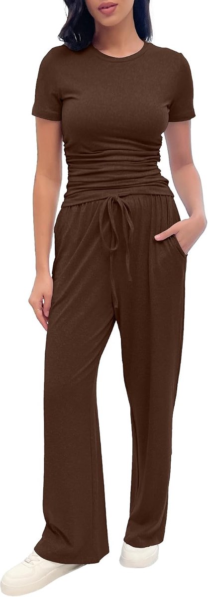 set voor dames, 2-delig, zacht, rekbaar, top met korte mouwen, broek met trekkoord en zakken, voor thuis of op reis