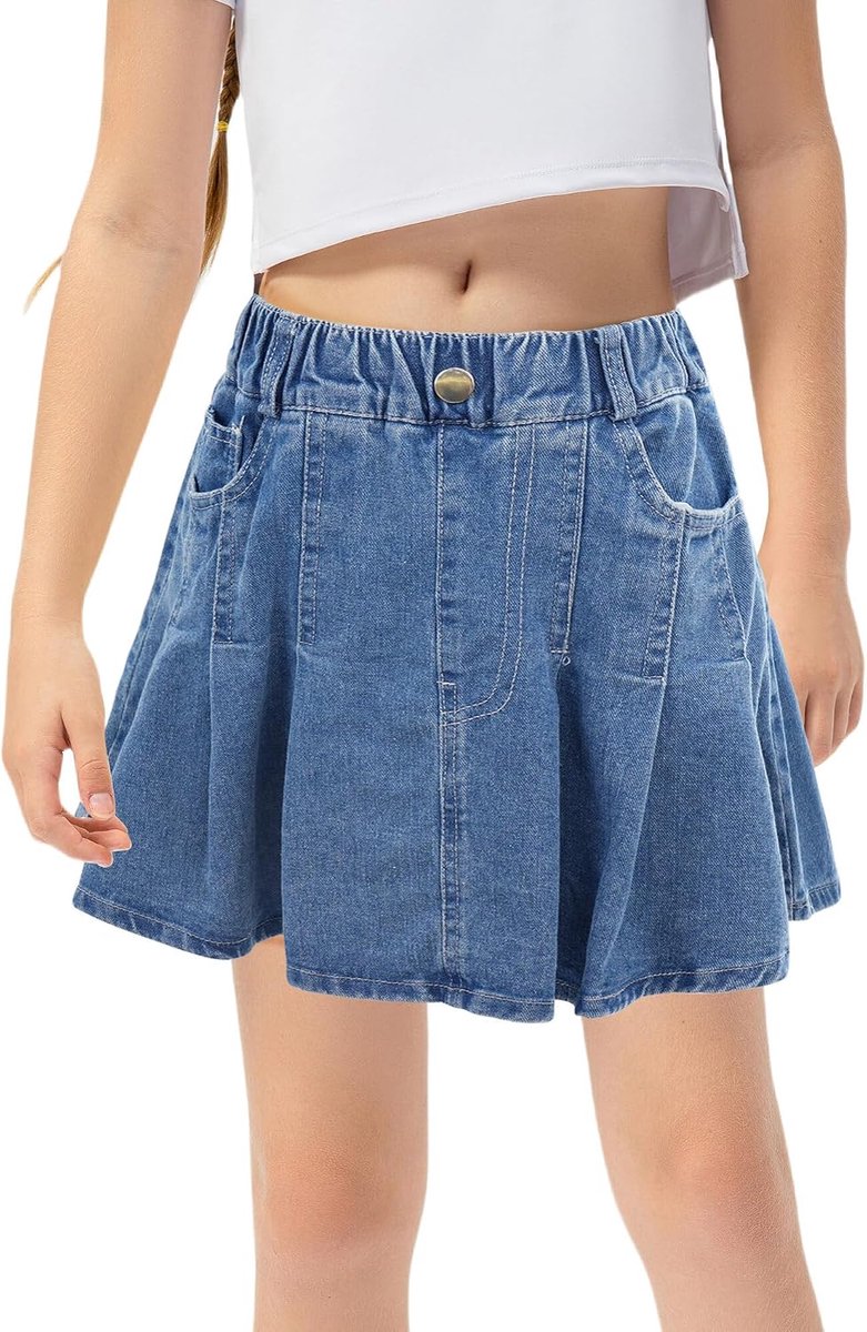 Denim rok voor meisjes, zomerrok, vintage, plooirok, baggy broekrok, ademend, zomerrok, elastische tailleband, meisjesrok, casual rok, zachte rok, tienerrok met zakken, maat 120-170