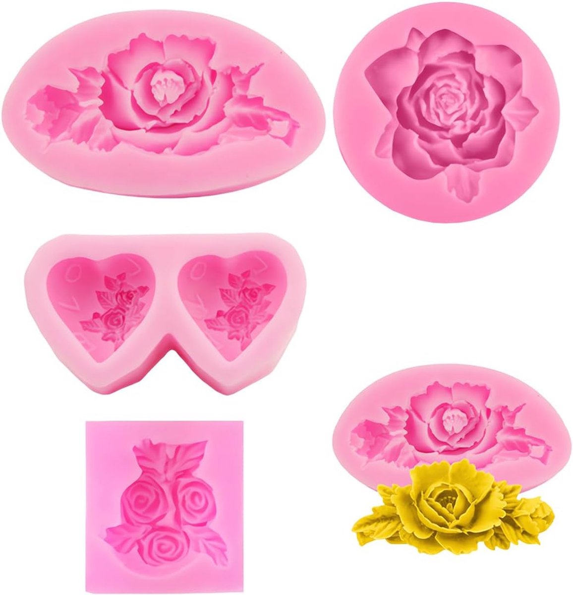 4 stuks 3D-bloemen, siliconen zeepkaarsvormen, set voor de decoratie van handgemaakte chocolade-snoepjes, cake, roze