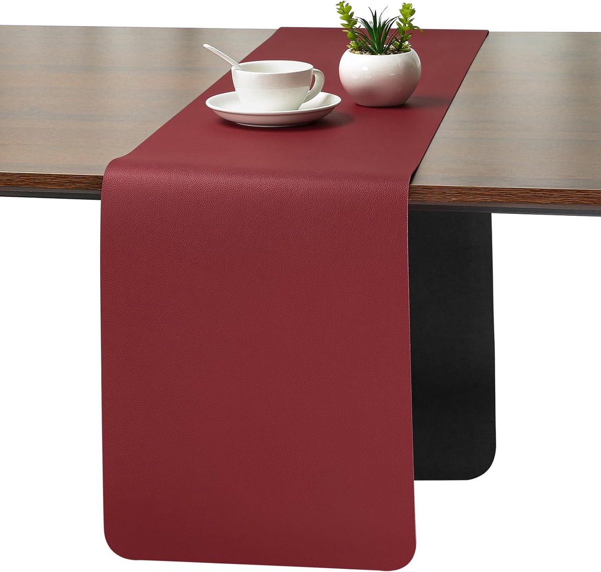 JUN Moderne Afwasbare Dubbelzijdige Leren Tafelloper Waterdicht | Antislip Tafelloper voor Binnen en Buiten Tafeldecoratie voor Eettafel Feest en Restaurant(Rood Zwart 30 X 240 cm)
