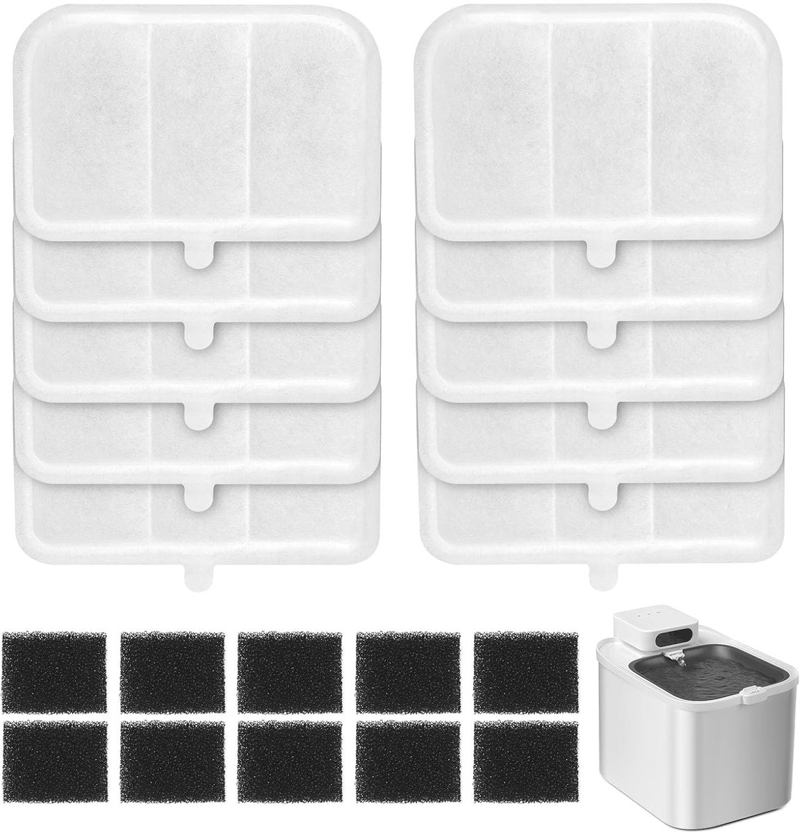 Filter voor kattenfontein, vervangingsfilter voor 3 l, intelligente bron Everweet Max, hars en actieve kool, filtert onzuiverheden en verbetert de geur (10 filters + 10 sponzen)