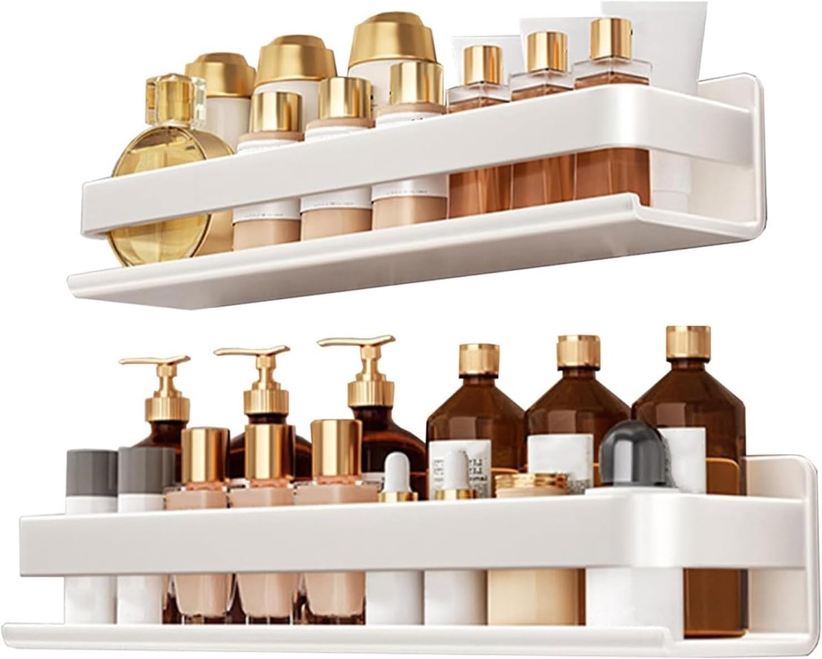 2 stuks douchecaddy, roestvrij staal badkamerplank organizer zonder boren, wandgemonteerde zelfklevende badkamercaddy, roestvrije badkameraccessoires, multifunctionele organizer (wit)