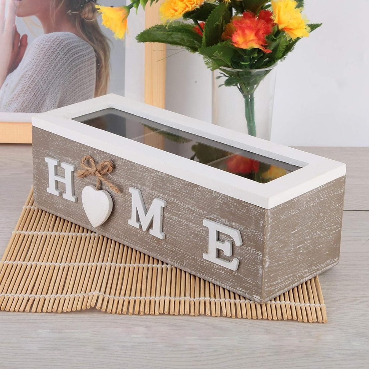 Houten theedoos, handgemaakte houten opbergdoos met acryl deksel voor organiseren en displayen, Retro desktop decoratie, 3 vakken, Puur hout, Voor sieraden, thee en kleine voorwerpen