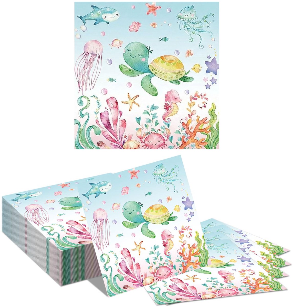 Papieren servetten 33x33cm - aquarel zeedieren ontwerp - 40 stuks - ideaal voor kinderfeestjes - SnelShoppen