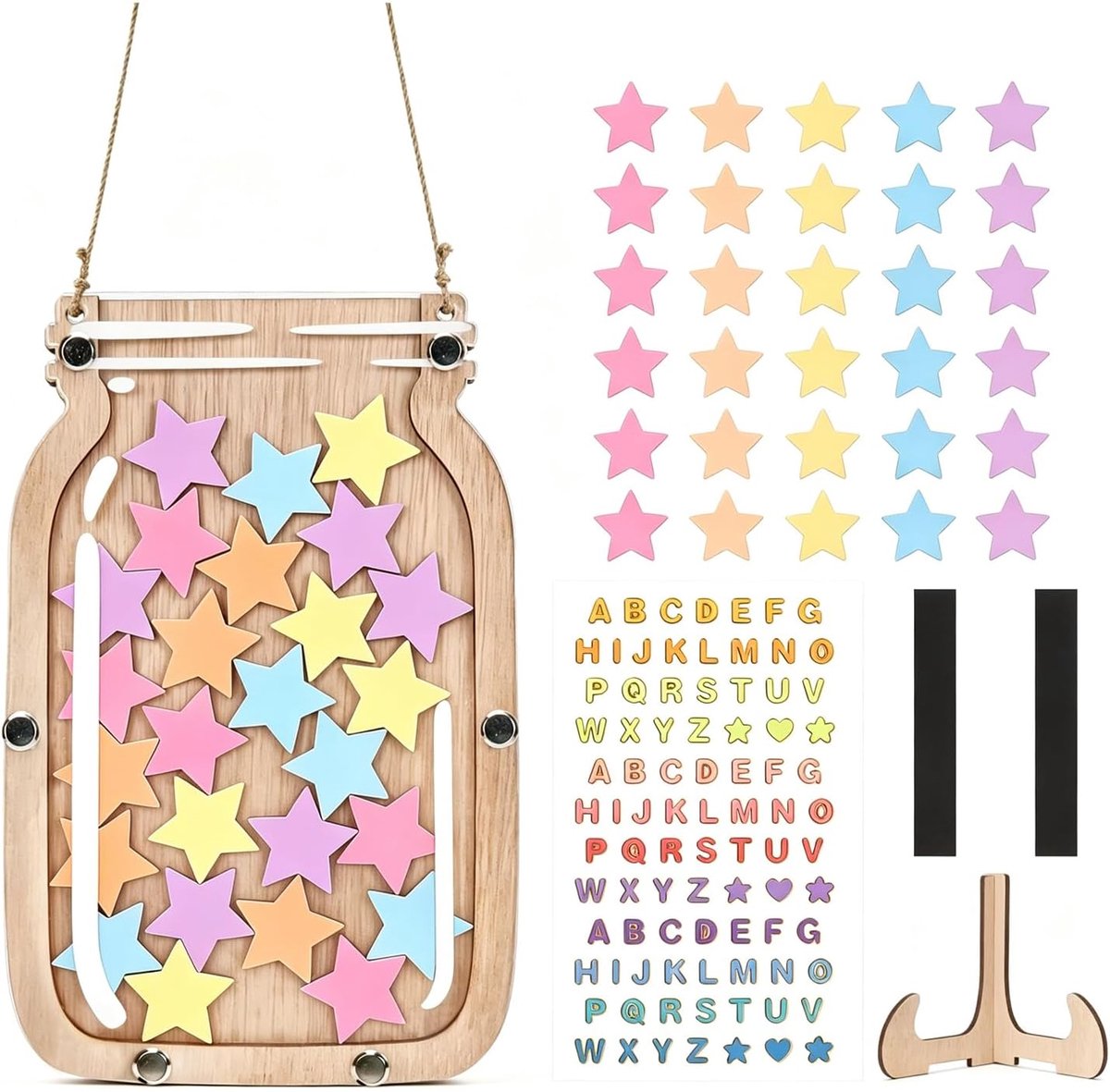 Beloningsglas voor kinderen, magnetisch, beloningssysteem kinderen, beloningsglas pastelkleurige sterren, met standaard en alfabetstickers, 30 sterren voor kinderbeloningen, voor thuis en op school