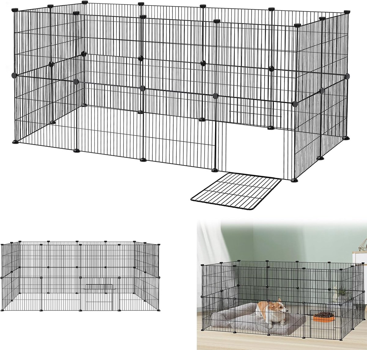Buitenhok voor konijnen, huisdieren loophok, metalen gaas hok, welpenhok, kleindierkooi, cavia's kooi voor binnen en buiten (Zwart, 24 stuks met deuren 142x72x72cm)