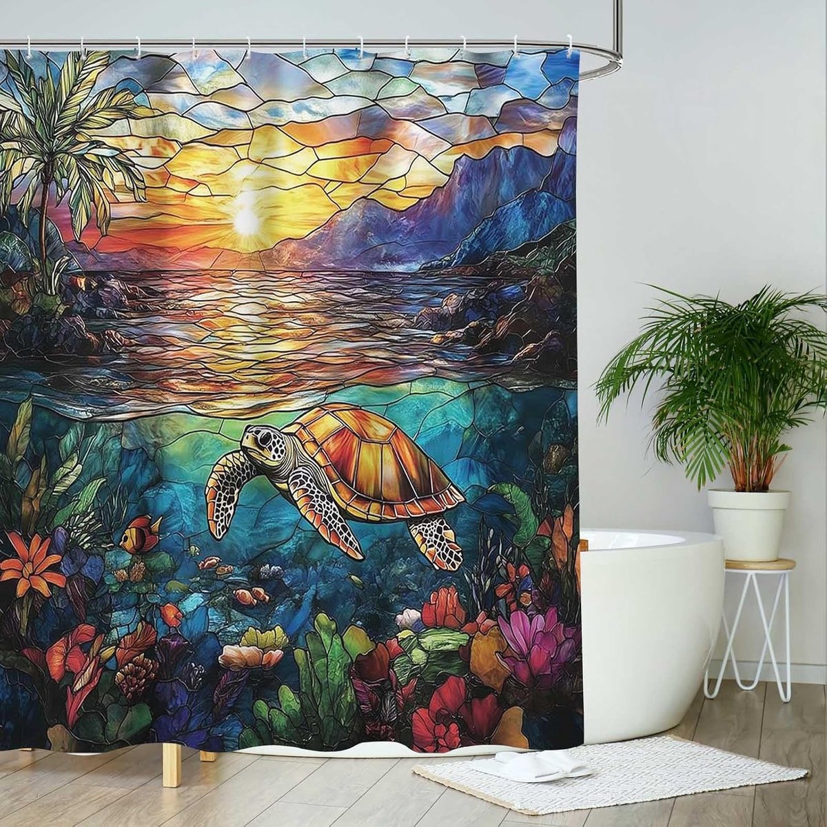 Douchegordijn 180 x 180cm - Polyester - Stained glass zeethema - Waterdicht en duurzaam - ShopVlot