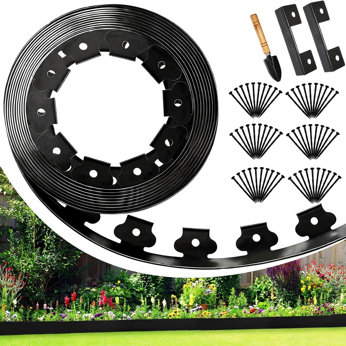 Flexibele kunststof grasrand 10cm x 10m - gerecycled plastic - met 30 grondankers - voor tuinen en gazons - ShopVlot
