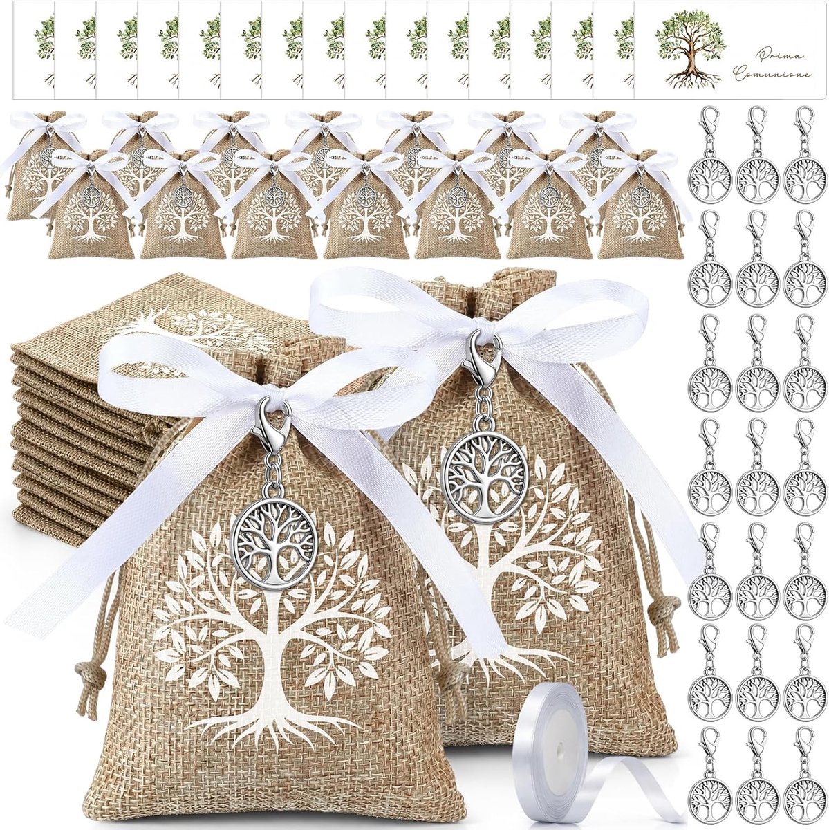 Tree of Life hangers set - 50 sets met kaarten en jute tassen - dankbetuigingen voor communie, doop en bruiloft - ShopVlot