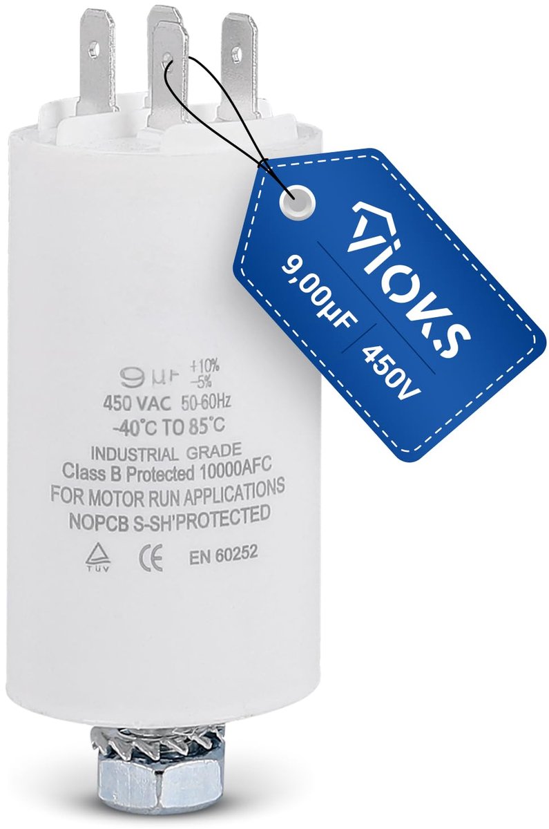 Motorcondensator 450 V 9 µF - CBB60 met 6.3 mm AMP plug en M8 bevestigingsschroef - ShopVlot