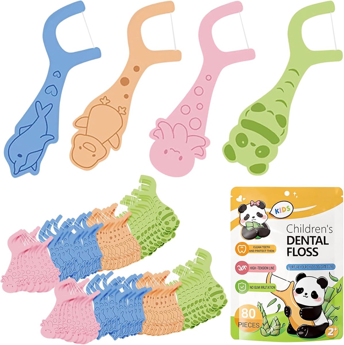 Tandenstokers set van 80 - Kindertandenstokers met niet-slip handvat - Vrolijke dierenvormen - ShopVlot