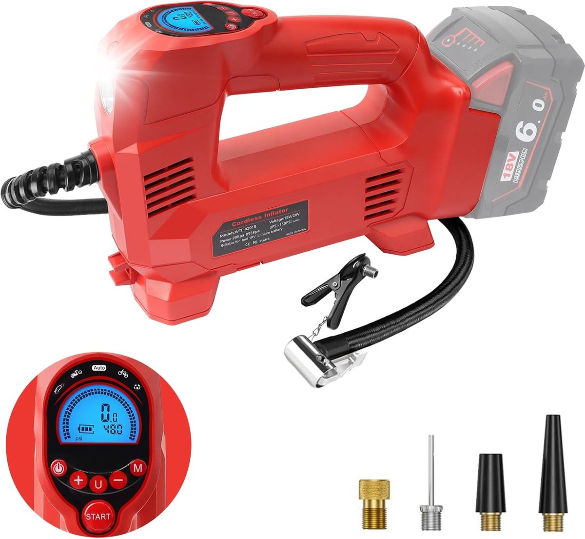 Accu compressor 10.34 bar - compatibel met Milwaukee M18 - LED verlichting - ideaal voor auto en fiets - ShopVlot