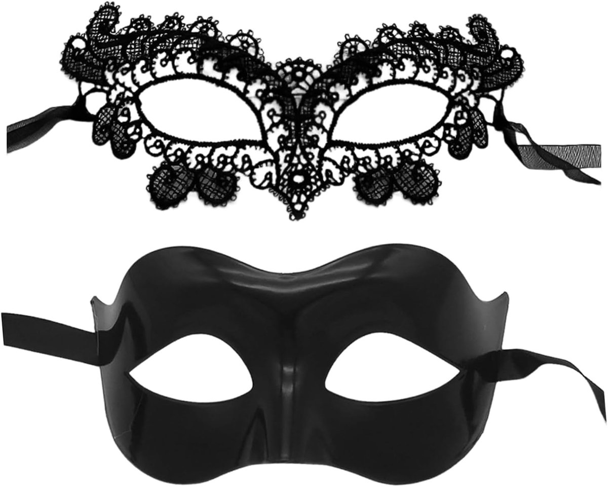 Holle zwarte maskers - 2 stuks - polyester - voor dansfeesten - ShopVlot