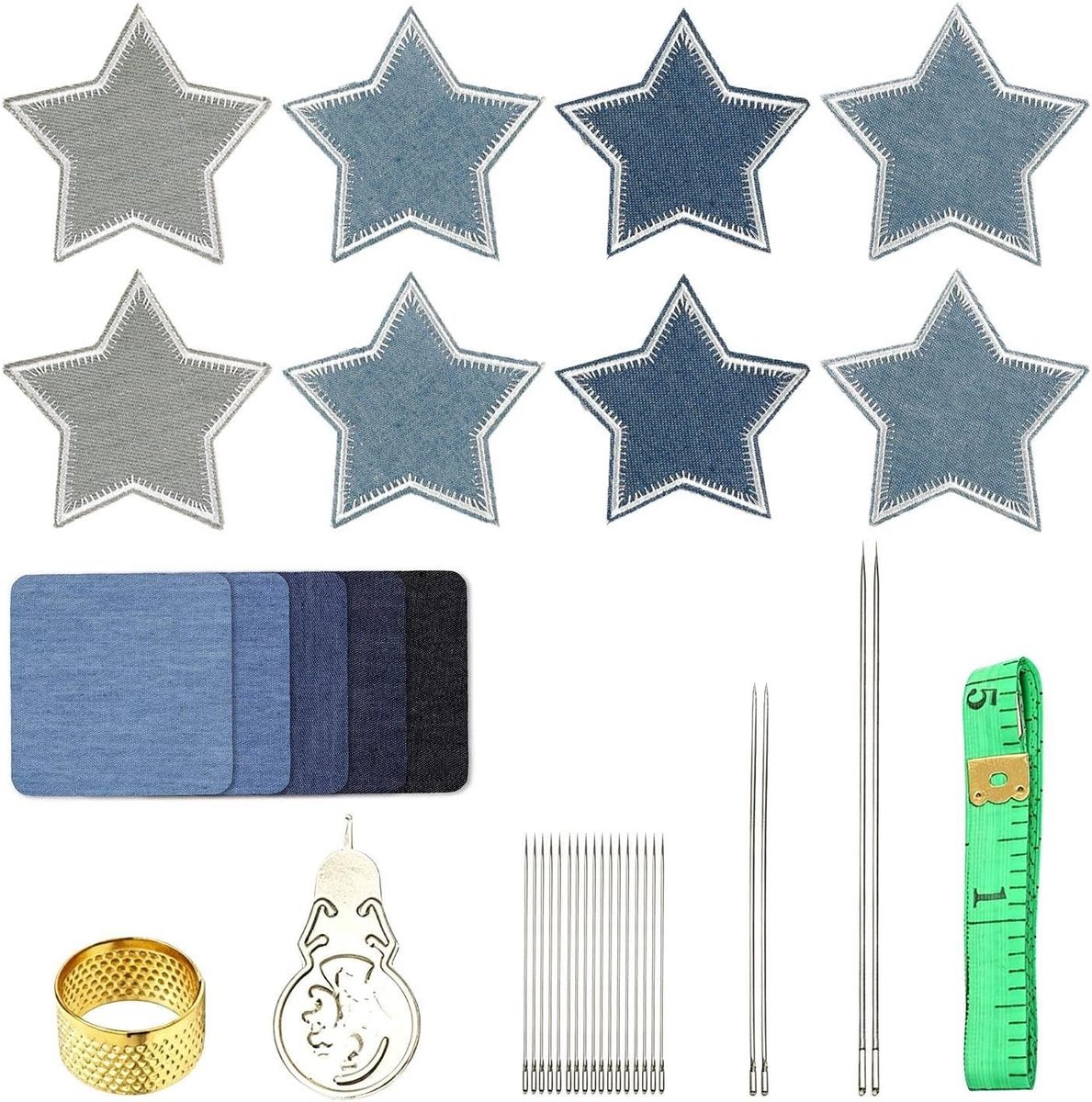 Denim stickers set - 5 stuks vierkante patches - inclusief meetlint naaiset - perfect voor reparatie - ShopVlot