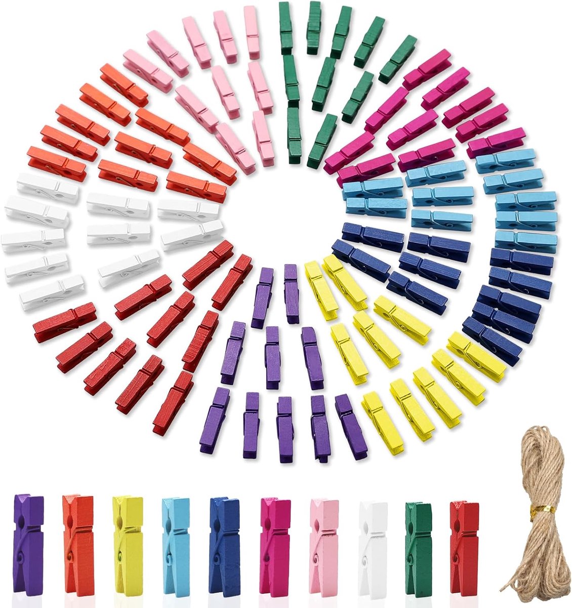 Houten clips set van 100 - kleurrijke mini houten knijpers - 10 kleuren - ideaal voor decoratie - ShopVlot