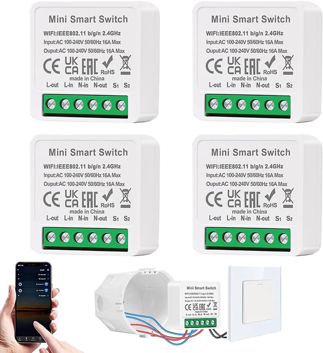 Smart Light Switch - 4 Stuks WiFi Schakelaar - 2-Weg Schakelaar - Bedien je verlichting op afstand - ShopVlot