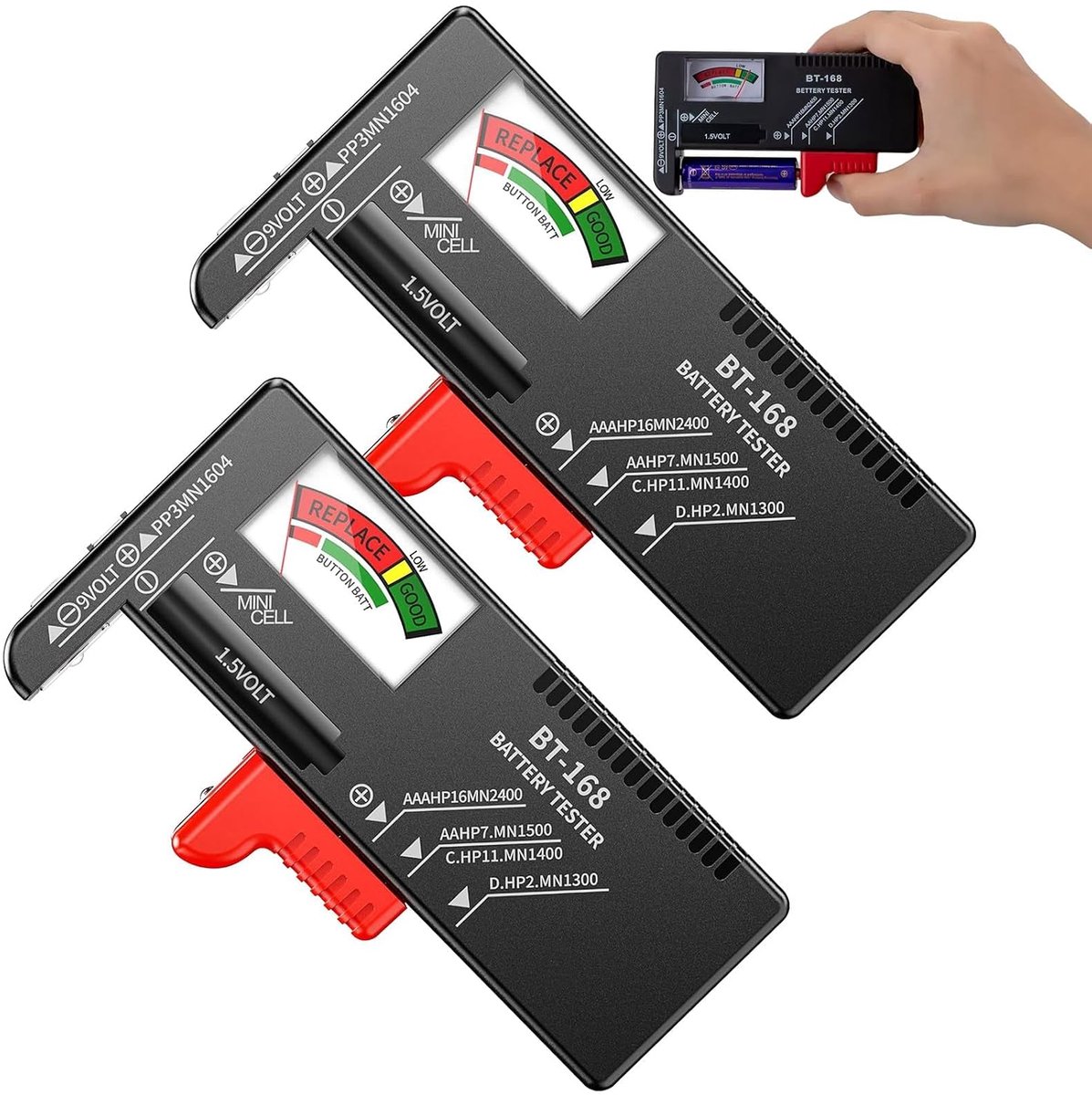 Batterijtester set van 2 - universeel voor AA AAA C D 9 V - tricolor statusindicator - eenvoudig batterijstatus bepalen - ShopVlot