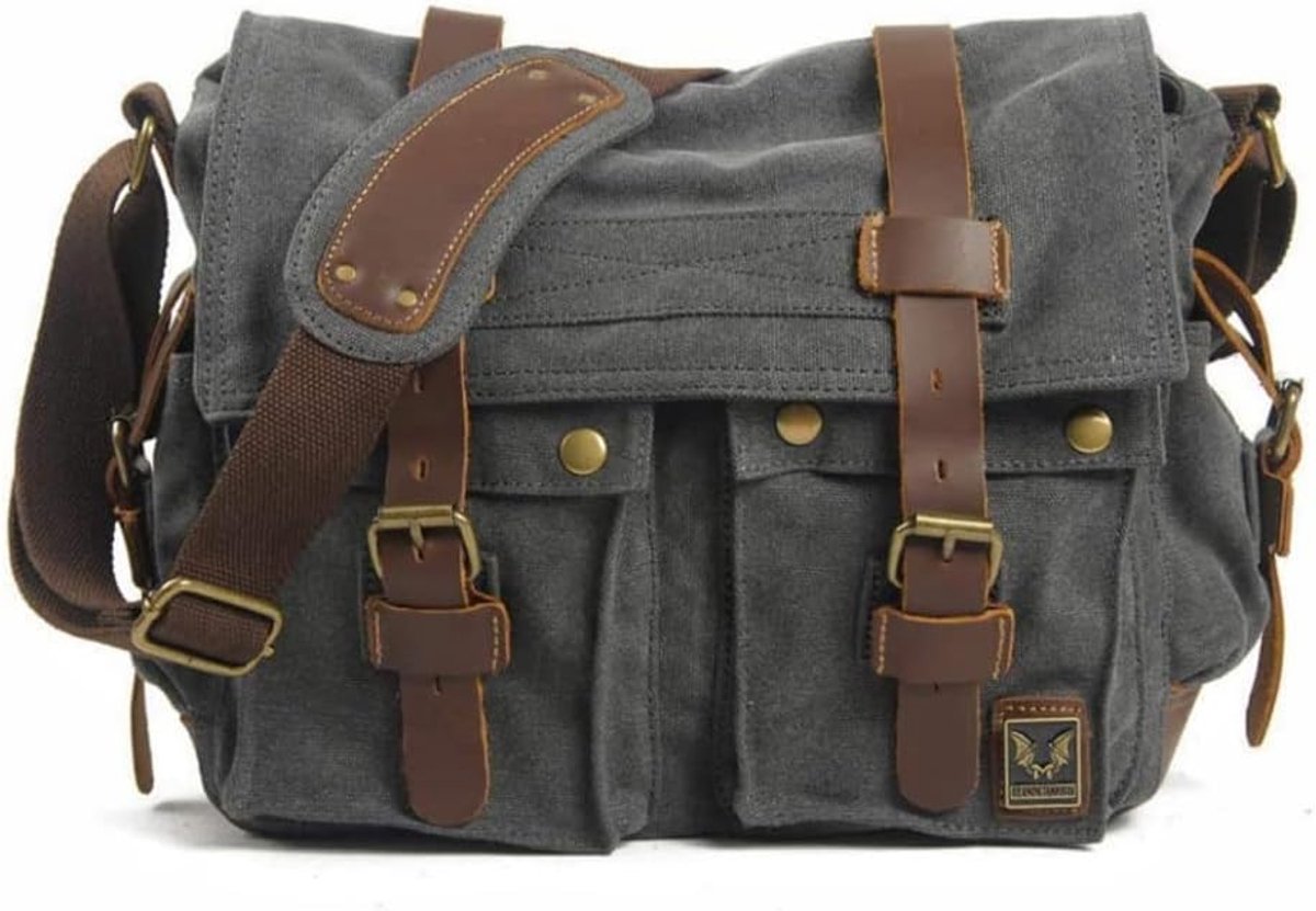 schoudertas 35cm - premium leer en canvas - met 2 vakken - ideaal voor dagelijks gebruik - SnelShoppen