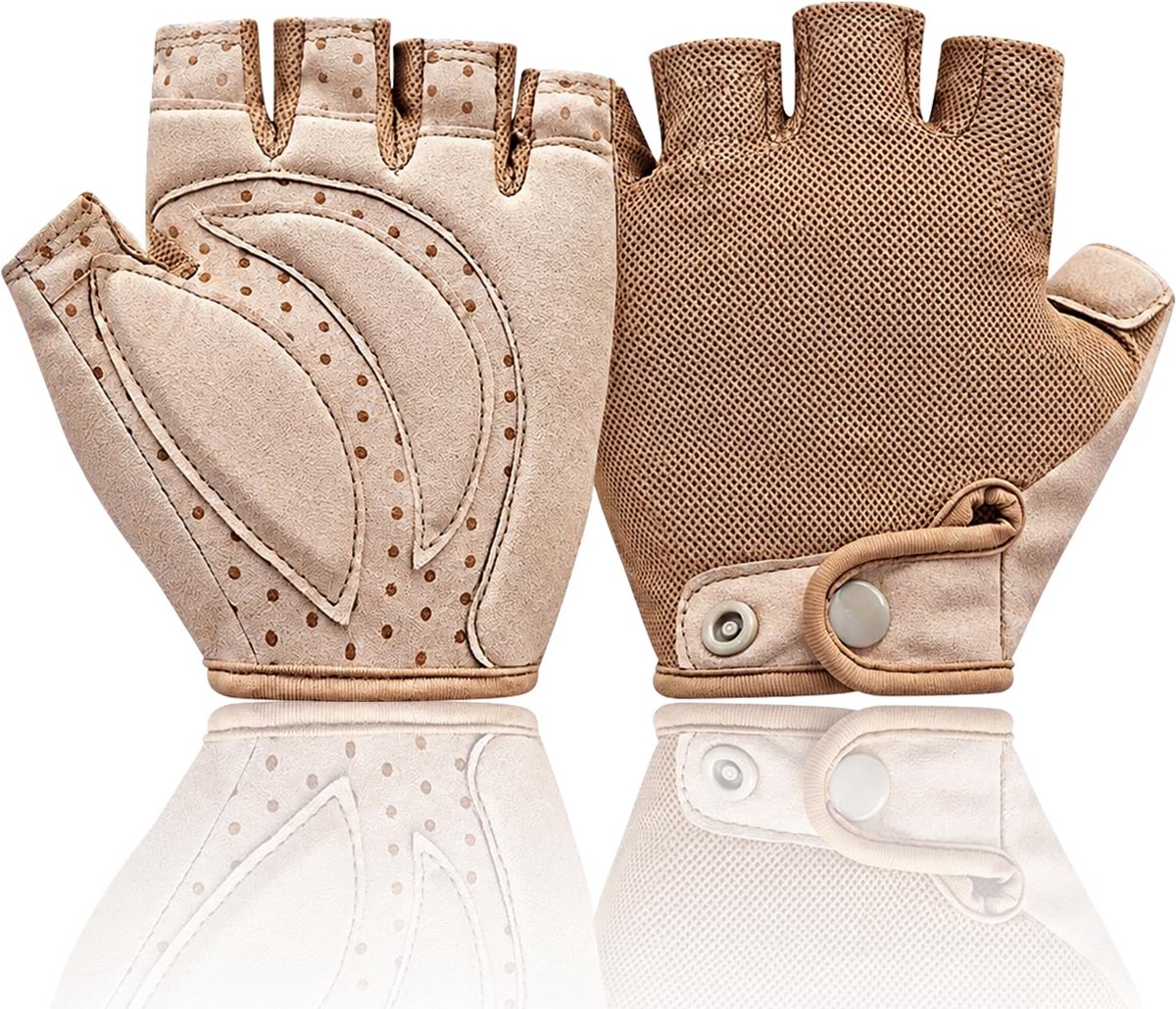 Fietshandschoenen Dames Heren - Halve Vinger Wielrenhandschoenen met Schokabsorptie en Antislip Grip - Ademende Sporthandschoenen voor Fietsen, Fitness en Outdoor - Khaki M (20-22 cm)