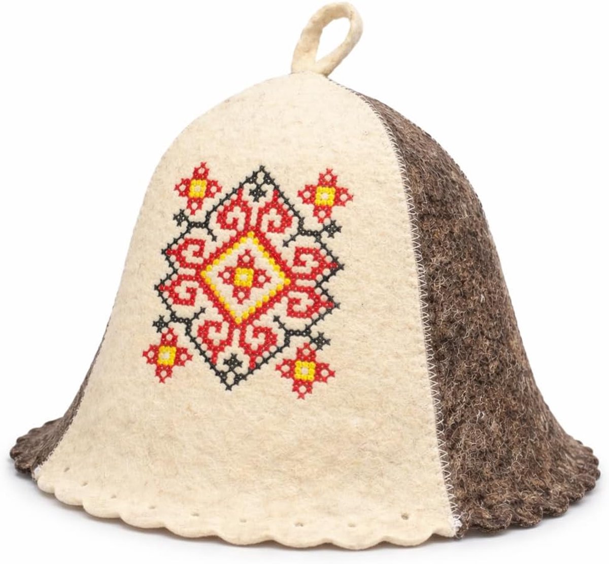Saunahat wol - beige en grijs - Vyshyvanka borduursel - Verhoogt sauna ervaring - SnelShoppen