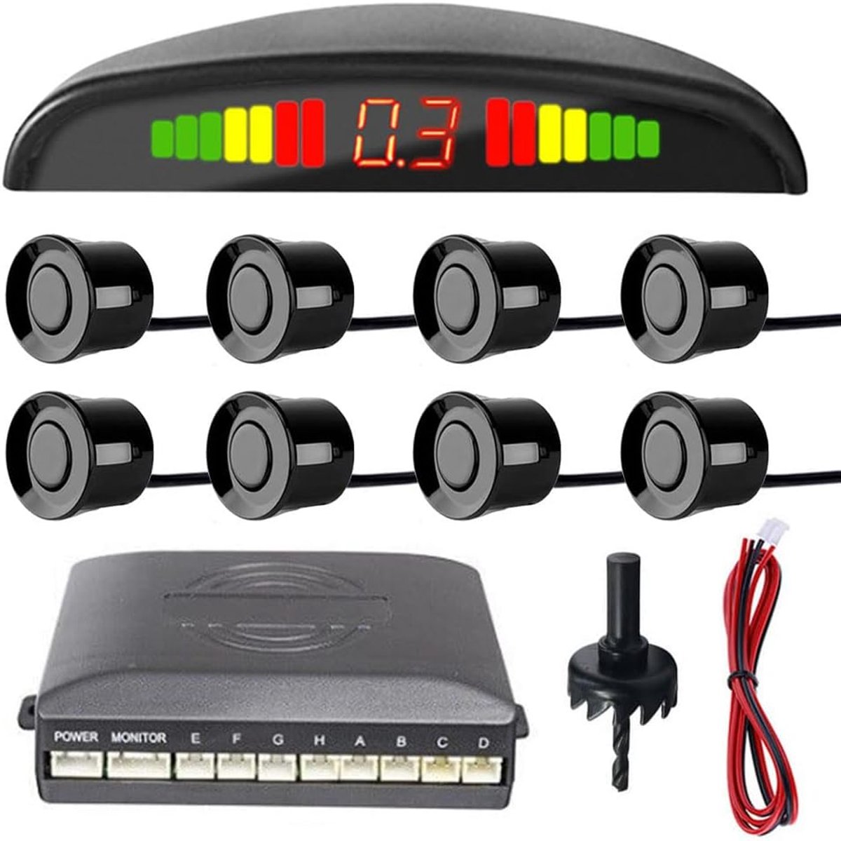 SnelShoppen - Car Reverse Parking Sensors 8 Sensoren Met Afstandsdisplay Geluidsalarm Parkeersysteem Achteruitrijsensoren Zwart Waterdicht