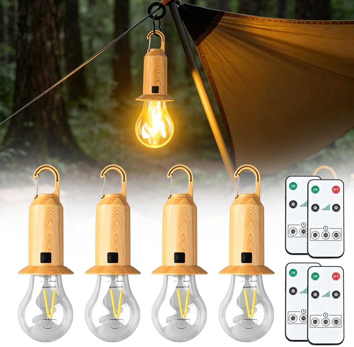 Campinglamp LED Oplaadbaar - Houtkleur Bolvorm - Met Afstandsbediening - Ideaal voor Buiten - ShopVlot