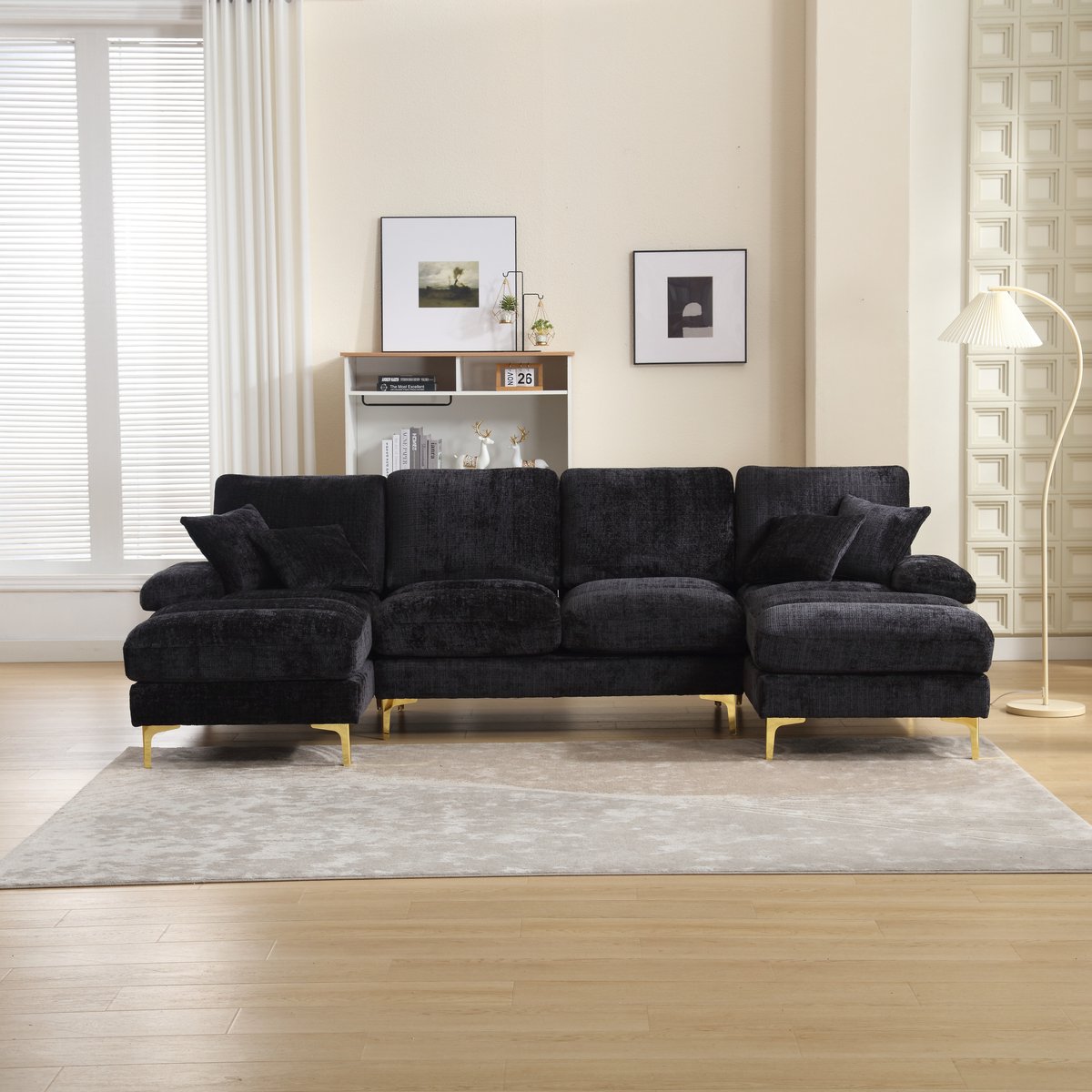 MEUNIQ U-bank van 272 x 136 x 88 cm, chenille bekleding, twee liggedeelten, 15 cm hoge metalen poten, voor woonkamer in zwart