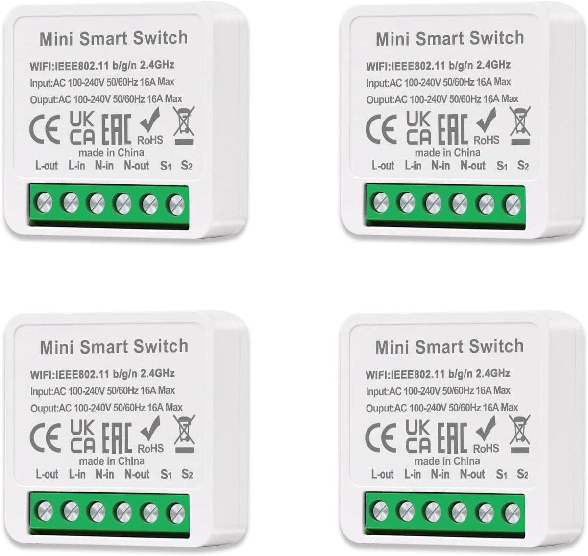Slimme lichtschakelaar mini module - 4 pack - Tuya compatibel - Stemcontrole met Alexa en Google Home - ShopVlot